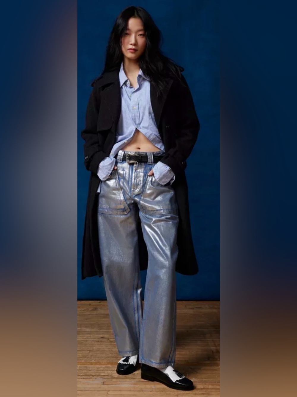 New! BDG Bella Baggy Blue/Silver Metallic Wide-Leg Pants Size 28